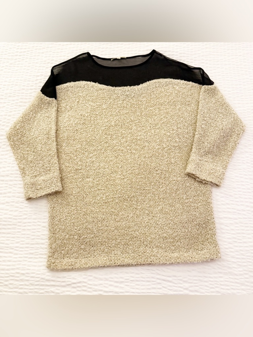 ✨ Gianni Bini Boucle Knit Top with Sheer Yoke | Ivory/Black | Size S